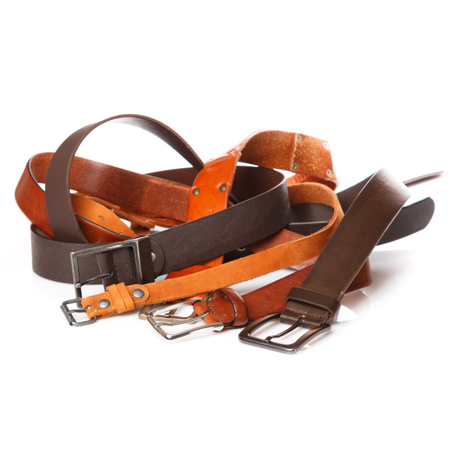 Different Leather Belts On White Background