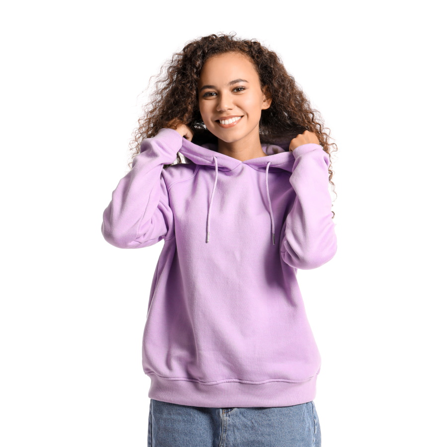 Beautiful Young African American Woman In Stylish Hoodie On White Background